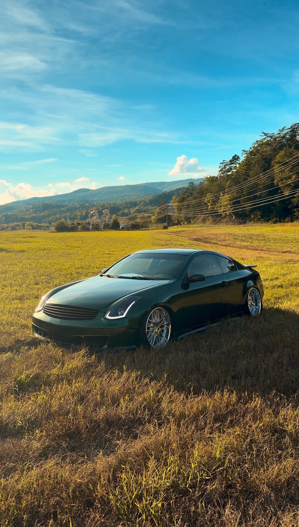 Aidan's green Infiniti G35 in a golden field below the mountains
