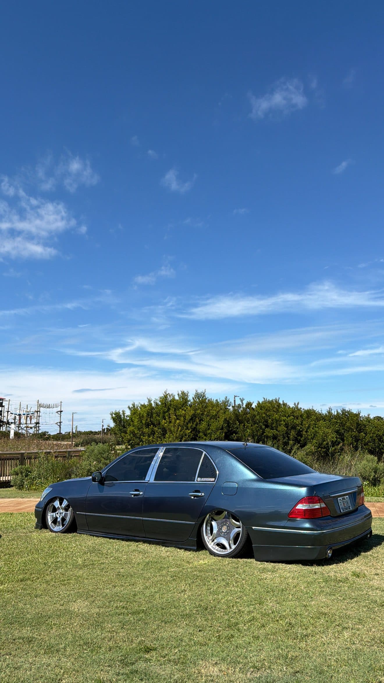 Juan's grey Lexus LS430 sitting low on the grass in front of green shrubs