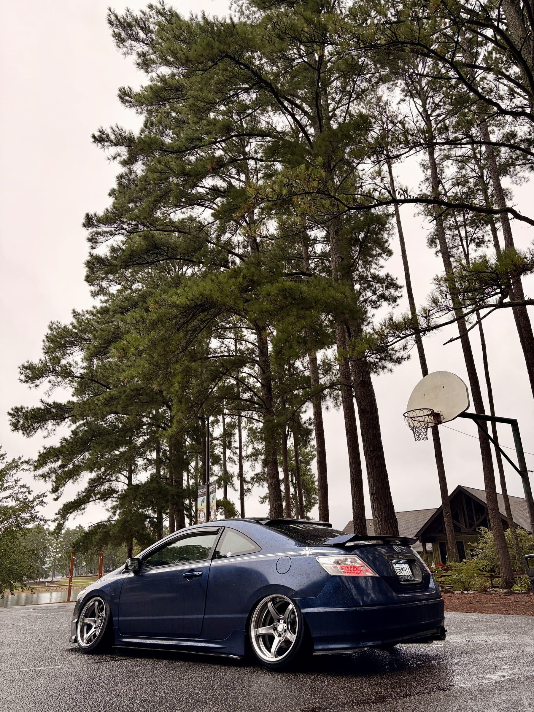Rear three-quarter view of Max's blue Honda Civic coupe with a rear wing beneath tall pines
